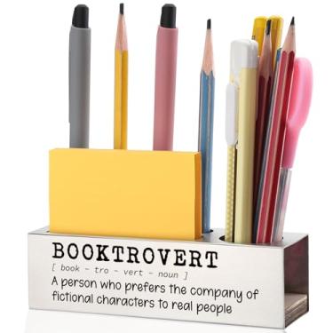 Imagem de EFFJNSG Porta-lápis de mesa Booktrovert, presente de agradecimento para amantes de livros, decoração inspiradora de escritório para leitores, suporte de caneta exclusivo para amantes de livros EDP92