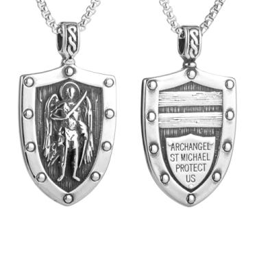 Imagem de Colar masculino com pingente de escudo padroeiro católico católico arcanjo Miguel, aço inoxidável 316L, corrente quadrada de pérola de aço inoxidável prata, joia vintage, Standard, Aço inoxidável, Sem