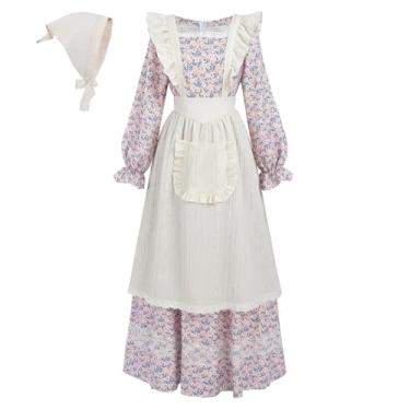 Imagem de LTAKK Vestido colonial feminino fantasia pioneira pradaria vestidos peregrinos com lenço de cabeça e pinafore, rosa azul floral, grande