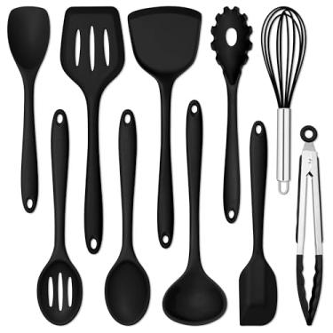 Imagem de E-far Conjunto de 10 utensílios de cozinha de silicone, resistente ao calor, para panelas antiaderentes, utensílios de cozinha com espátula, colher, virador de fenda, não tóxico e pode ser lavado na