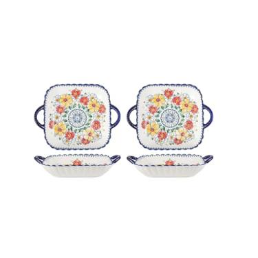 Imagem de Conjunto de tigela e prato retrô criativo e personalizado, utensílios de mesa de cerâmica domésticos tigela de sopa de orelha dupla tigela de cerâmica - prato quadrado de orelha dupla de 23,5 cm -