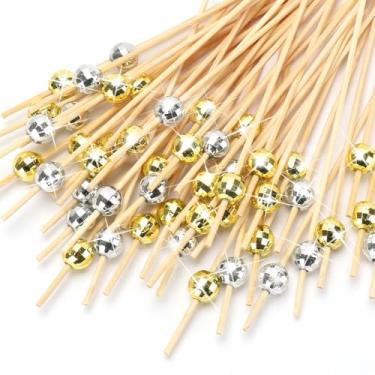 Imagem de 200 peças de palitos de coquetel, palitos decorativos de bola de discoteca para aperitivos, espetos de bambu extravagantes, palitos de coquetel de madeira de 12 cm de comprimento para charcutaria,