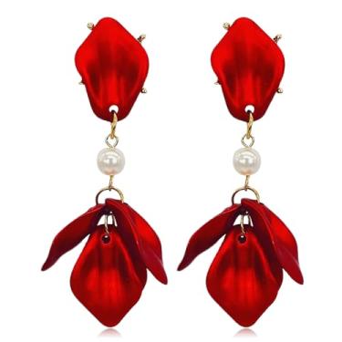 Imagem de QUSIJIA Brincos femininos elegantes elegantes com pétala de rosa vermelha com borla floral exagerada fosco para verão e praia, trumpet, Acrílico, Sem pedra preciosa