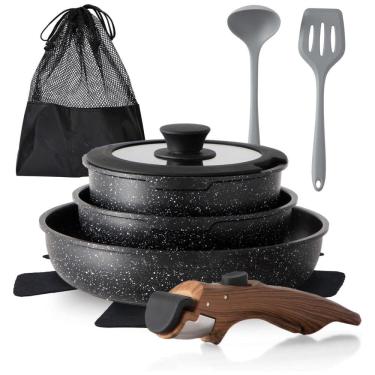 Imagem de Jogo de Panelas e Frigideiras Antiaderentes, Material em Granito com 10 Peças, Cabo Removível e Utensílios de Cozinha, DishDelight, Preta