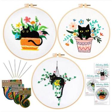 Imagem de Kit de bordado Nuberlic Cute Cat para adultos com argolas e fios