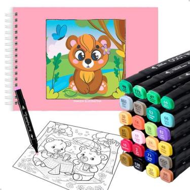 Imagem de Livro De Desenhos Divertidos Colorir + Conjunto 24 Canetinhas Ponta Du