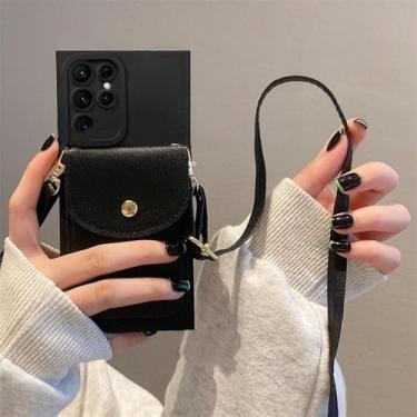 Imagem de HPQWN Para S24 Ultra Crossbody Slot para cartão Bolsa Suporte Case Cord Silicone Capa (Para S24 Ultra/KBGS Preto)