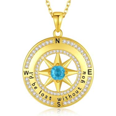 Imagem de Colar de bússola para mulheres, ouro, joia de aniversário de esposa para ela, prata esterlina S925, joia de amor para namorada, aniversário, dia dos namorados, Natal, dia das mães, pingente de pedra de nascimento gravado com "I d be lost without you", Prata esterlina, Turquesa