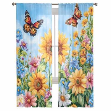 Imagem de Cortinas semitransparentes para janelas, verão aquarela girassol borboleta filtro de luz cortinas voile cortinas rústicas pastoral floral planta tratamento de janela para quarto sala de estar, 213 cm