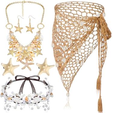 Imagem de Blosssound Conjunto de joias de sereia de Halloween, 6 peças, colar de concha de estrela-do-mar, brincos, faixa de cabeça, presilhas de cabelo, saia de crochê, saída de crochê, acessórios de fantasia