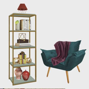 Imagem de Kit Poltrona Fatte com Manta Soft Bordô e Estante Livreiro Ferro Dourado mdf Verde Oliva Suede Azul Turquesa - Ahazzo Móveis