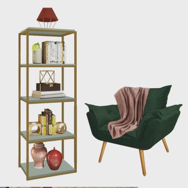 Imagem de Kit Poltrona Fatte com Manta Soft Salmão e Estante Livreiro Ferro Dourado mdf Verde Oliva Suede Verde Musgo - Ahazzo Móveis