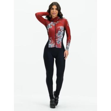 Imagem de Macacão Ciclismo Feminino Bordô Flowers Black Savancini (3502FB), M