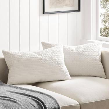 Imagem de ZeeMart Conjunto de 2 capas de almofada lombar texturizadas em waffle 100% algodão, marfim de 30,5 x 50,8 cm, capas de almofada decorativas macias para sofá-cama, sala de estar, decoração de casa