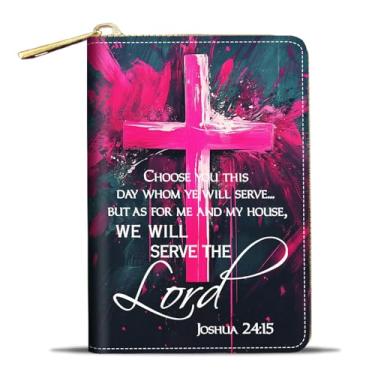 Imagem de JDHJFBFJNP Porta-cartões de crédito para mulheres, pequena carteira RFID fina de couro com zíper, lobo, Citação de Santa Cruz Versículo da Bíblia Josué 24:15, Moda