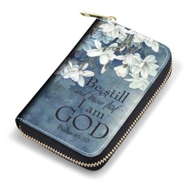 Imagem de FQTBCEARI Porta-cartão de crédito, carteira de couro RFID para mulheres, capa de cartão de visita de bolso com zíper, raposa, Citação Versículo da Bíblia Salmo 46:10, Moda