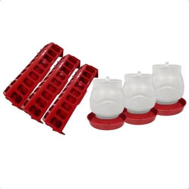 Imagem de Kit 3 Comedouro Calha 30cm 3 Bebedouro Com Rosca 1,25L Aves - AVIPET