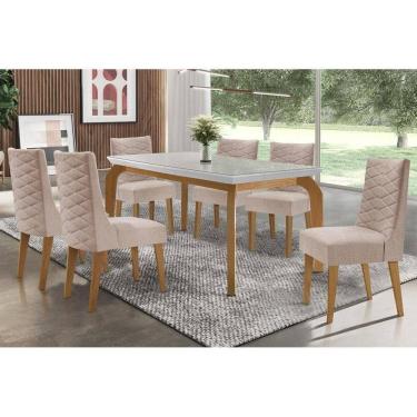 Imagem de Sala de Jantar Completa Londrina Tampo Madeirado c/ Vidro 180x90cm e 6 Cadeiras Dafne Capuccino/Linho Bege Turim - Rufato