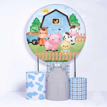 Imagem de Kit Painel de Festa Redondo de 1,30m e Trio de Cilindros Fazendinha - Fera Print