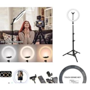 Imagem de Kit 12 Ring Light Tripé 2,1 Fonte Tomada Com Controle Remoto