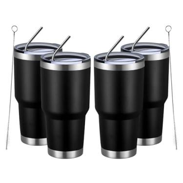 Imagem de MEWAY Copo isolado de 850 ml com tampas e canudos, copo de café a vácuo duplo de aço inoxidável, escova, copo de café revestido com pó durável para bebidas frias e quentes, escritório, viagens (preto, pacote com 4)