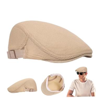 Imagem de Boné plano de malha respirável masculino jornaleiro boné de jornaleiro ajustável boina chapéu de táxi chapéus masculinos de verão para homens viagem acampamento pesca bege