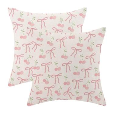 Imagem de OFIRD Conjunto de 2 capas de almofada com laço rosa cereja 45,7 x 45,7 cm, decoração para ambientes externos, interiores, estéticas, fronhas de linho para quarto de meninas, decoração de casa, sofá
