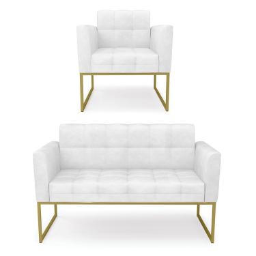 Imagem de Kit 1 Sofá Namoradeira E 1 Poltrona Elisa Corano Branco Base Metálica Industrial Dourado - D'rossi