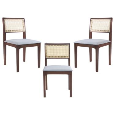 Imagem de Kit 03 Cadeiras Sala De Jantar Madeira Maciça Nivea Tela Rattan Sextavano Linho Cinza/amêndoa G55 - Gran Belo