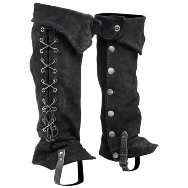 Imagem de Polainas de perna de couro sintético medieval, botas steampunk renascentistas medievais, capas com botão, armadura de perna de cavaleiro vintage da idade média, protetores de perna mercenários para
