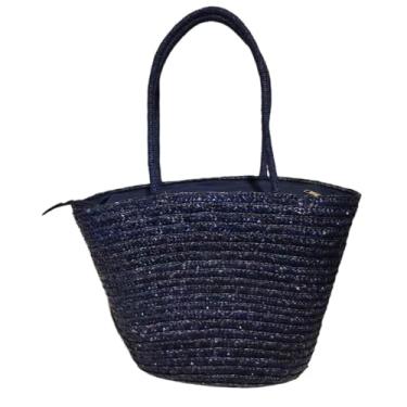Imagem de Bolsa de Praia Feminina em Palha, Azul Marinho, 43x32x17cm, Estilo Cesta com Zíper