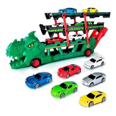 Imagem de Caminhão Carretinha Leva Carros Dinossauro Com Carrinhos Cor Verde