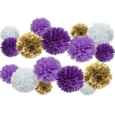 Imagem de MOWO Pompons De Papel Seda Dourados, Roxos, Lavanda E Brancos, Flores Para Decoração Festa Temática Aniversário, Formatura Aposentadoria, 16 Peças