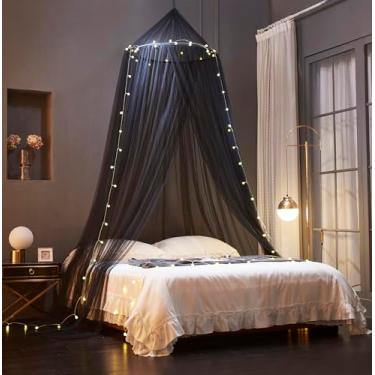 Imagem de Mengersi Dossel De Cama Com Luzes, Cortinas Princesa Para Quarto Meninas, Mosquiteiro Cantos Leitura, Decoração (Preto)