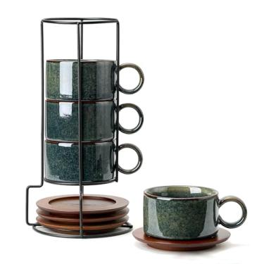 Imagem de LUKA Conjunto de 4 xícaras de café expresso empilháveis de porcelana de 170 g com pires e suporte de metal, conjunto de 4 xícaras de cappuccino de cerâmica para bebidas especiais, café com leite, café