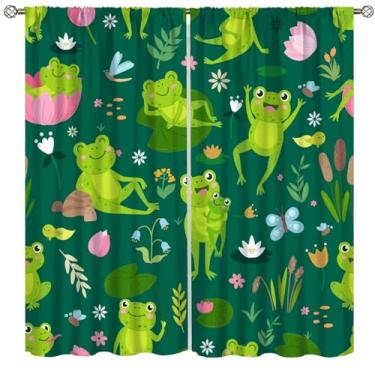 Imagem de Cortinas blackout de sapo para crianças, desenho animado verde lagoa floresta, folha de lótus, planta, borboleta, sapo, girino, animal, cortinas de janela, estampa para bebês, meninos, meninas, quarto