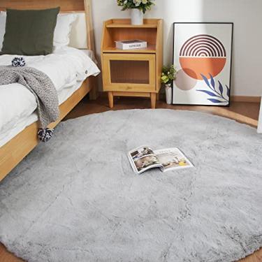 Imagem de Ghouse Tapete redondo de pele de coelho sintética, 1,8 m, cinza e redondo, para decoração de quarto, tapetes macios para sala de estar, tapete lavável de pele de carneiro