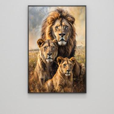 Imagem de Quadro decorativo vertical família de leão com um filhote - MeMoldura,
