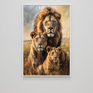 Imagem de Quadro decorativo vertical família de leão com um filhote - MeMoldura,