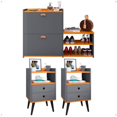 Imagem de Kit 2 Mesas Cabeceira Dream Mesinha Lateral Cama Sapateira Vertical Milano Banquinho Organizador Quarto Cinza/Cinamomo - Lojas RPM
