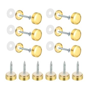 Imagem de YELARXI Parafusos de espelho tampas decorativas de latão prendedores de pregos, acabamento polido de 18 mm chanfrado adequado para ferragens de publicidade de sinal de espelho (12 peças, ouro)
