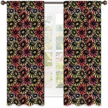 Imagem de Cortinas blackout florais 90%, estampa vintage de margaridas e girassóis retrô com estampa vibrante, cortinas blackout com absorção de som para decoração de sala de jantar/festa, L 132 x C 137 cm,