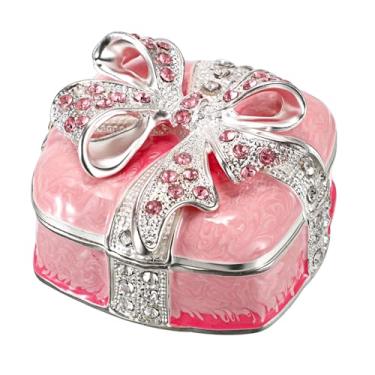 Imagem de ELLDOO Mini caixa de bugigangas, caixa de presente de laço estilo caixa de joias articulada vintage metal esmaltado caixa decorativa brincos organizador de joias caixa de presente quadrada para