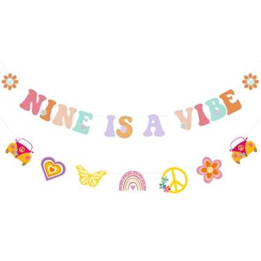 Imagem de Sursurprise Groovy Nine Is A Vibe 9th Birthday Banner, Retro Ninth Bday Sign Hippie Rainbow Decorações para Boho Daisy Flowers 9 Nove Anos Aniversário Bohemian Decor Supplies