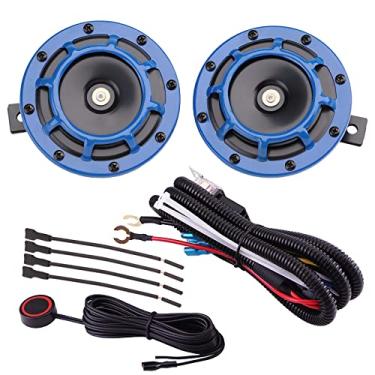 Imagem de AOLIHAN Kit de buzina de carro 12 V Surper alto, kit de chifres à prova d'água para caminhões, carros, barcos, kit de buzina de disco de metal (chifre azul com fio e botão)