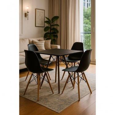 Imagem de Mesa De Jantar Quadrado Eiffel 80cm Preta Com 4 Cadeiras Charles Eames Preta.