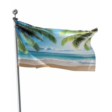 Imagem de Bandeira de praia para exterior 0,9 x 1,5 m, oceano, coqueiro, palmeira, férias, árvore, resistente, impermeável, com costura dupla, faixa com dois ilhós