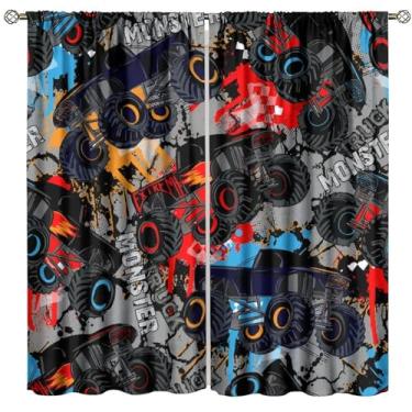 Imagem de Cortinas Monster Truck, estampa de tinta de textura de pintura spray para decoração de janela de quarto, varão, cortinas blackout para berçário, quarto de bebê, sala de jogos, conjunto de 2 painéis