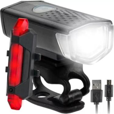 Imagem de Kit de farol dianteiro luzes de bicicleta recarregável, + conjunto de farol e lanterna traseira, impermeável, vários modos de luz led usb.