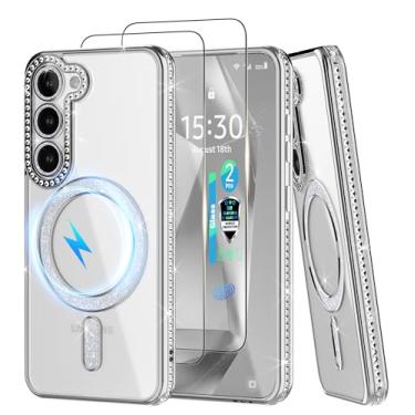 Imagem de YmhxcY Capa magnética para Galaxy S23, [2 x 0,18 película protetora de tela de vidro temperado com impressão digital] Diamante fofo para glitter, moda luxuosa, brilhante para Samsung Galaxy S23 6,1